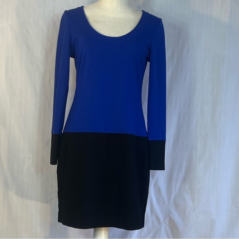 Banana Republic Dress Knit Blue & Black Color Block Long Sleeves Scoop Neck 8 👍